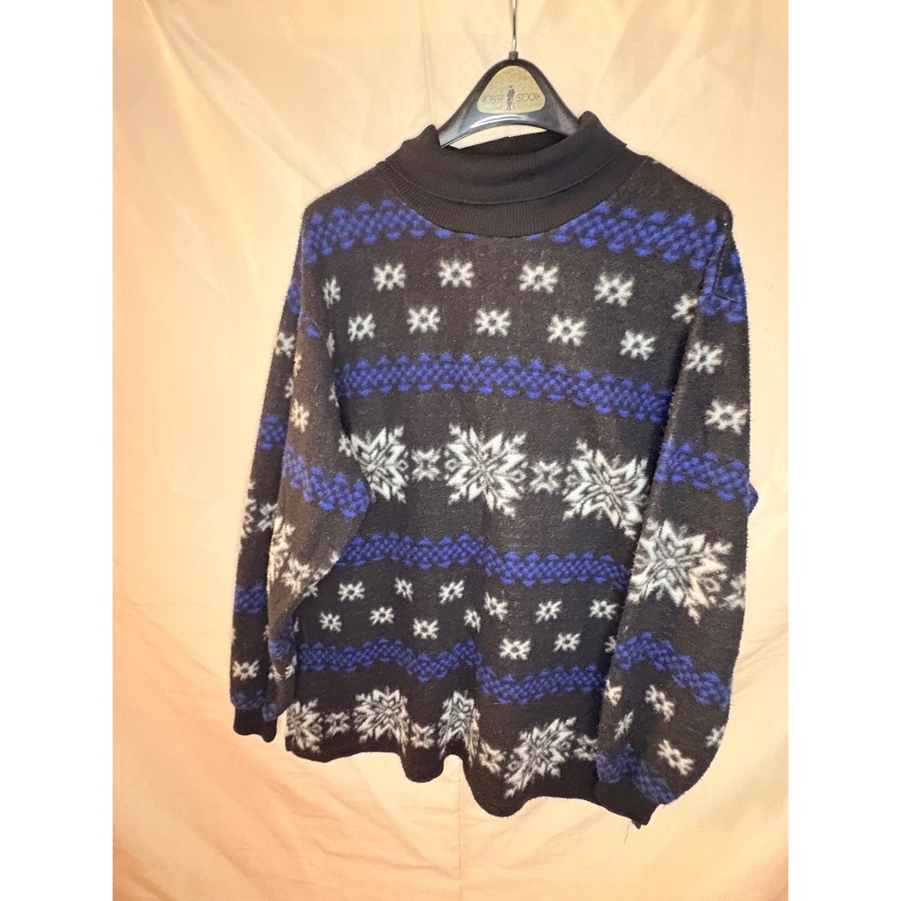 Vintage Forenza Mock Neck Fair Isle Snowflake Sweater Black Blue Large 8-1368-3